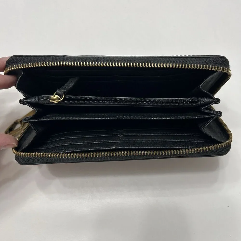 Fossil Zip Around Wristlet Emma Black RFID Large Leather Clutch Women’s Classy
